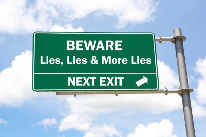 Green,Overhead,Road,Sign,With,A,Beware,Of,Lies,,Lies