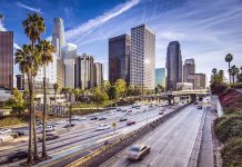 City skyline with freeway and palm trees.