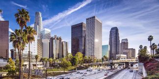 City skyline with freeway and palm trees.