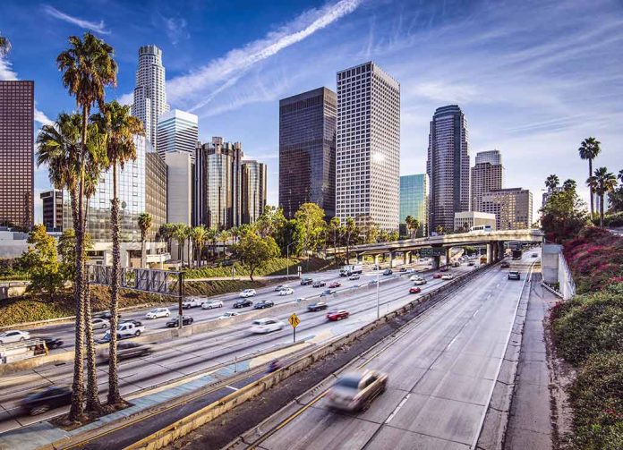 City skyline with freeway and palm trees.