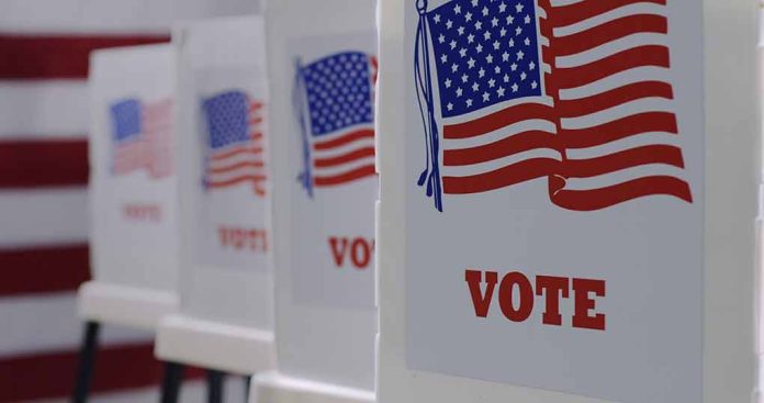 Voting booths with American flags and "VOTE" signs.