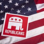 Republican symbol on American flag background.