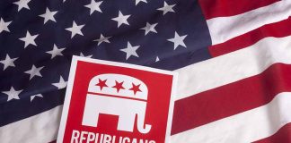 Republican symbol on American flag background.