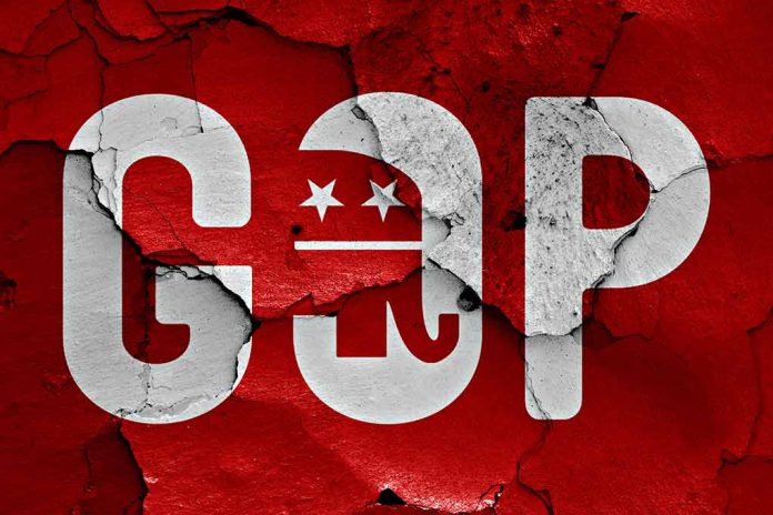 Cracked GOP logo on a red background.