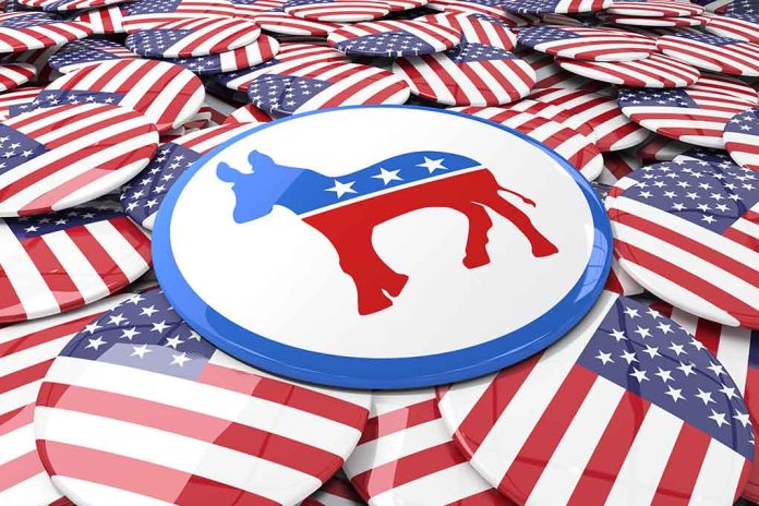 Political buttons with American flags and donkey symbol.