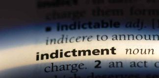 Close-up of the word indictment in a dictionary