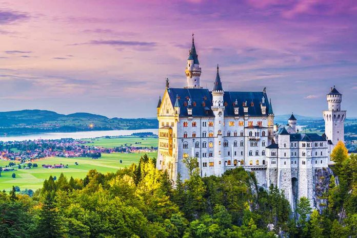 Castle surrounded by forest with scenic background.