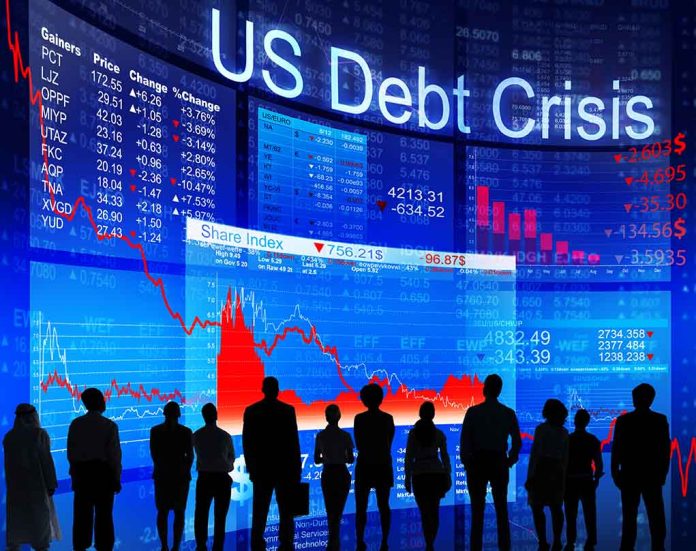 "People looking at financial charts displaying US debt crisis."