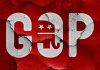 Cracked GOP logo on a red background.