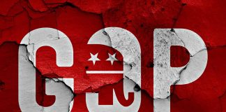 Cracked GOP logo on a red background.