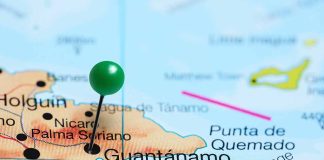 Map with pin on Guantánamo, Cuba.