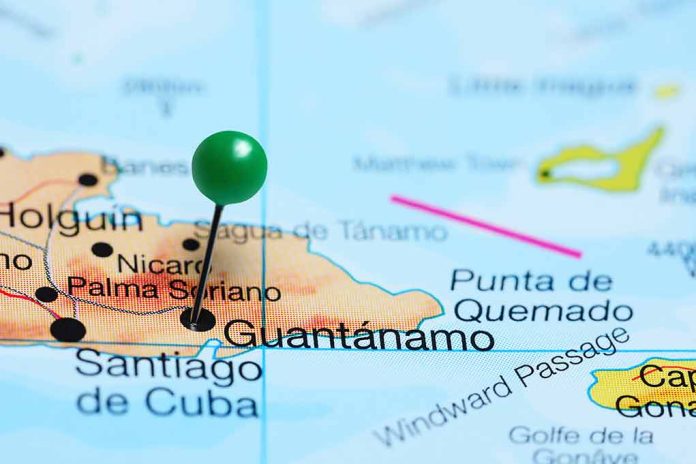 Map with pin on Guantánamo, Cuba.