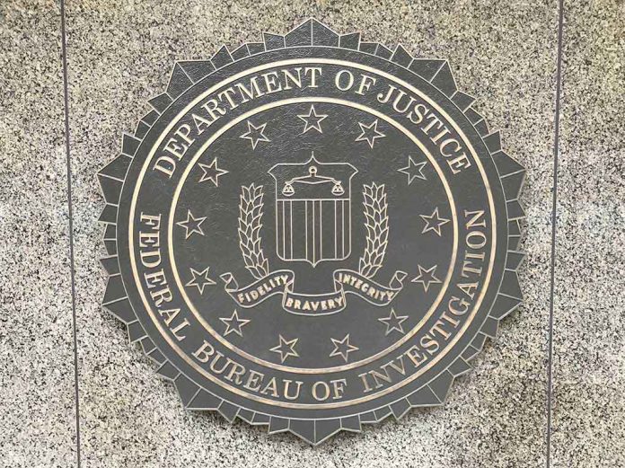 FBI emblem on Department of Justice building wall.