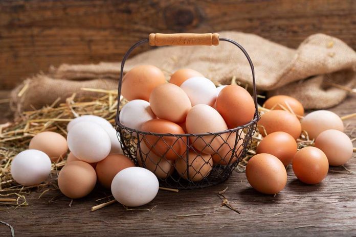 Brown and white eggs in a wire basket.