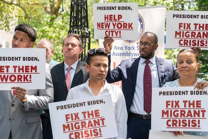 People holding signs about migrant crisis and employment