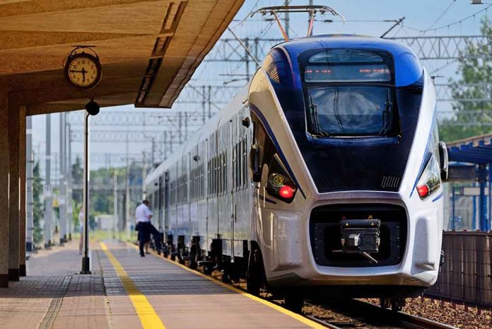 Modern train at a station platform with clock