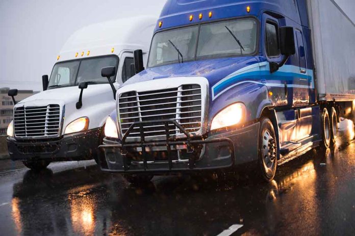 Two trucks driving on a wet road.