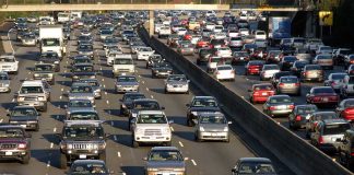 Heavy traffic on a multi-lane highway.