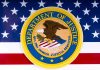 Department of Justice seal on American flag background.