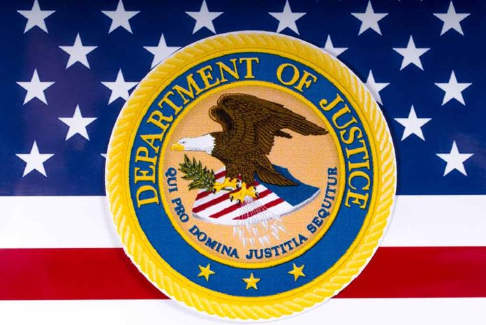 Department of Justice seal on American flag background.