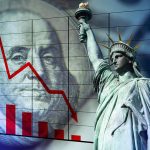 Statue of Liberty with declining financial graph background.