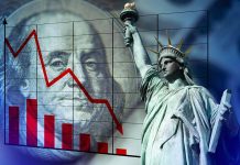 Statue of Liberty with declining financial graph background.