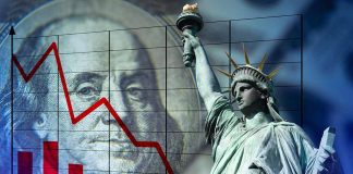 Statue of Liberty with declining financial graph background.