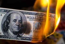 Burning hundred-dollar bill with visible flames.