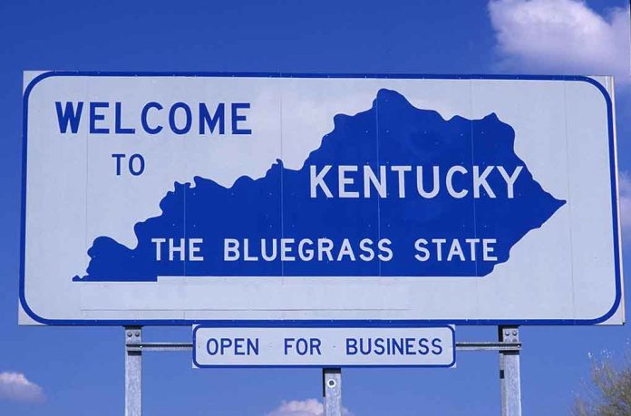 Welcome to Kentucky state sign with blue sky