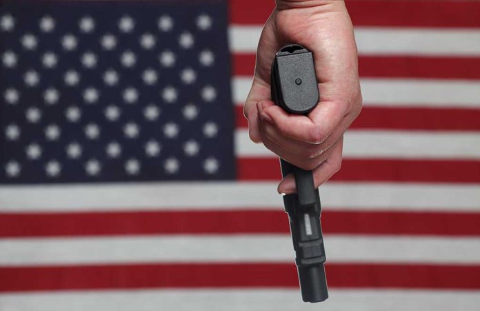 Hand holding gun with American flag background.