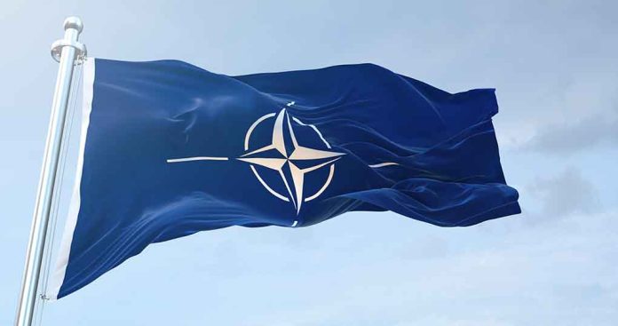 NATO flag waving against blue sky.