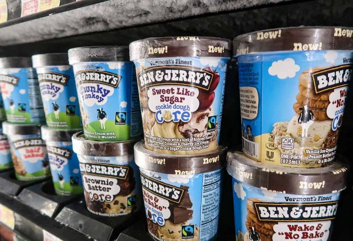 Ben and Jerrys ice cream pints on shelves