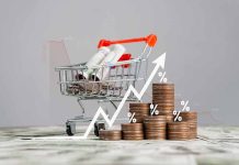 Shopping cart coins percentage chart rising upwards