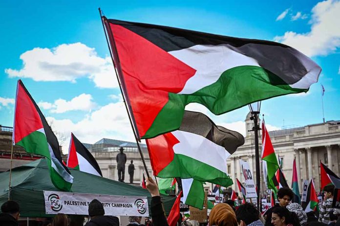 Protest with Palestinian flags waving in the air