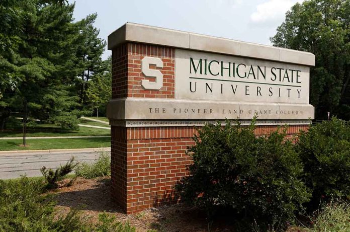 Michigan State University entrance sign with bushes and trees.