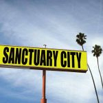 Sanctuary City sign with palm trees and sky