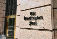 The Washington Post building entrance and logo