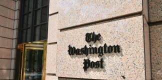 The Washington Post building entrance and logo