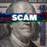 Glitch effect with word scam on dollar bill