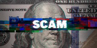 Glitch effect with word scam on dollar bill