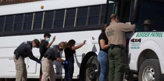 Border patrol officers investigating people near a bus
