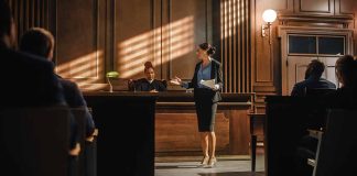 Woman speaking to judge in courtroom setting