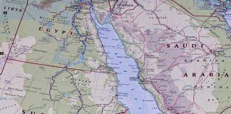 Map showing Egypt Saudi Arabia Sudan Eritrea and Yemen