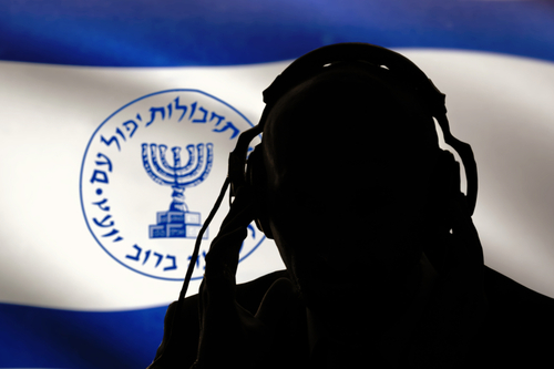 shutterstock_1747614713.jpg featured image Silhouette with headphones, Mossad emblem in background.