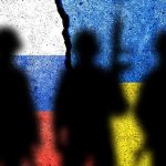 Silhouetted soldiers with Russian and Ukrainian flag backgrounds