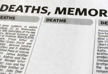 Newspaper obituary section with death notices