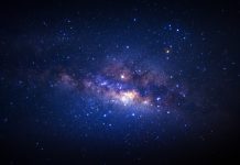Starry night sky with bright Milky Way galaxy