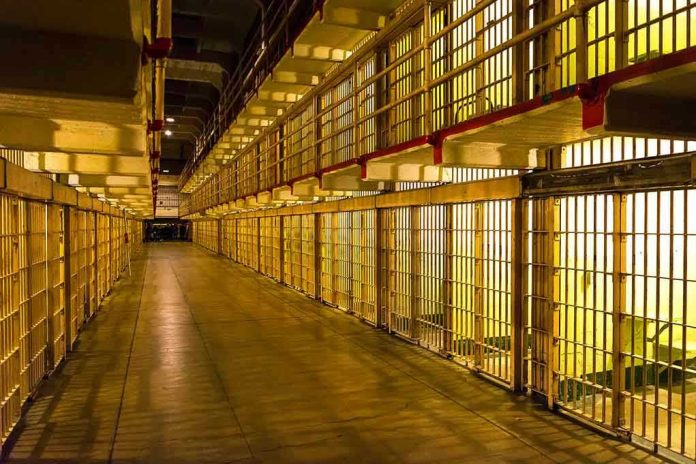 1231860007 Empty hallway between rows of prison cells