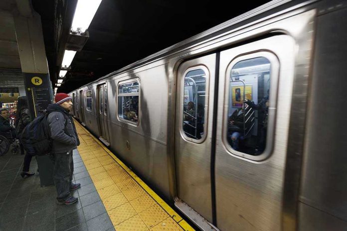 134560958 Man waiting at subway platform with departing train