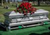 Silver casket with red roses in a cemetery